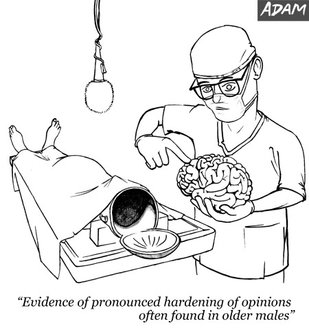 Evidence of pronounced hardening of opinions often found in older males